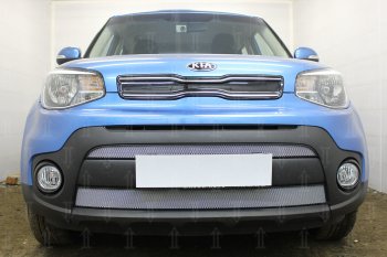 4 799 р. Защитная сетка в бампер (2 части, ячейка 3х7 мм) Alfeco Стандарт  KIA Soul  PS (2017-2019) рестайлинг (Хром)  с доставкой в г. Омск. Увеличить фотографию 1