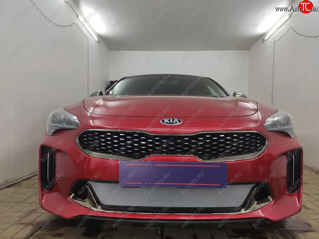 3 399 р. Защитная сетка в бампер (низ, ячейка 3х7 мм) Alfeco Стандарт  KIA Stinger (2017-2024) (Хром)  с доставкой в г. Омск