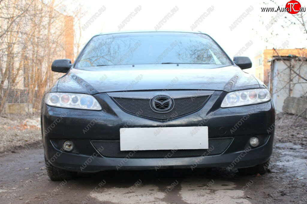 3 099 р. Защитная сетка в бампер (верх, ячейка 3х7 мм) Alfeco Стандарт  Mazda 6  GG (2002-2005) лифтбэк дорестайлинг, седан дорестайлинг (Чёрная)  с доставкой в г. Омск