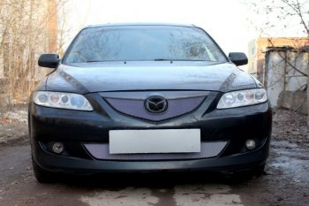 3 199 р. Защитная сетка в бампер (верх, ячейка 3х7 мм) Alfeco Стандарт Mazda 6 GG лифтбэк дорестайлинг (2002-2005) (Хром)  с доставкой в г. Омск. Увеличить фотографию 1