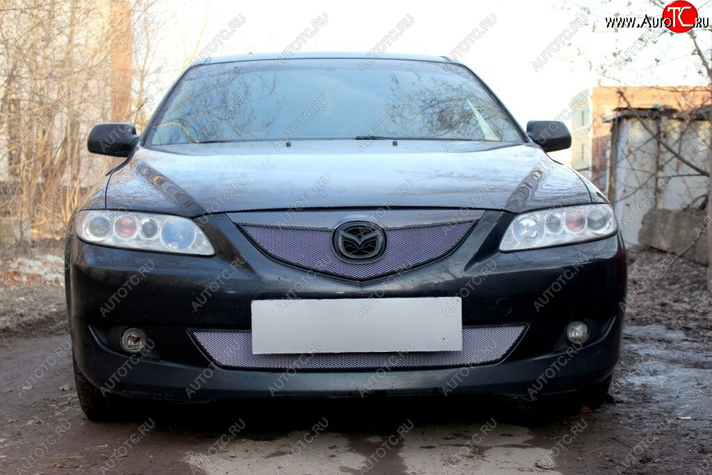 3 199 р. Защитная сетка в бампер (верх, ячейка 3х7 мм) Alfeco Стандарт  Mazda 6  GG (2002-2005) лифтбэк дорестайлинг, седан дорестайлинг (Хром)  с доставкой в г. Омск