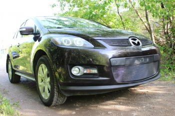 3 199 р. Защитная сетка в бампер (низ, ячейка 3х7 мм) Alfeco Стандарт  Mazda CX-7  ER (2006-2010) дорестайлинг (Чёрная)  с доставкой в г. Омск. Увеличить фотографию 2