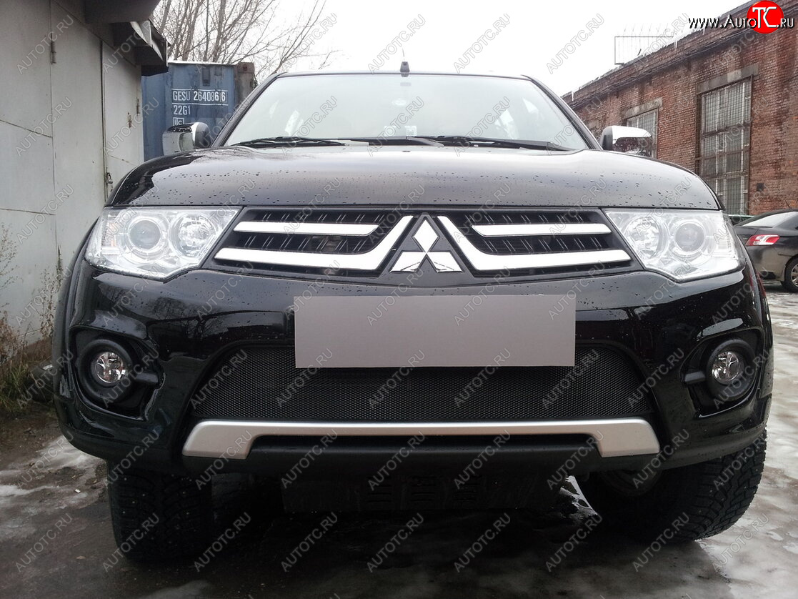 3 399 р. Защитная сетка в бампер (низ, ячейка 3х7 мм) Alfeco Стандарт  Mitsubishi L200  4 - Pajero Sport  PB (Чёрная)  с доставкой в г. Омск