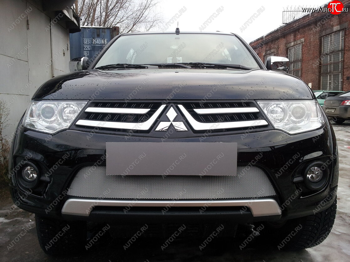 3 589 р. Защитная сетка в бампер (низ, ячейка 3х7 мм) Alfeco Стандарт  Mitsubishi L200  4 - Pajero Sport  PB (Хром)  с доставкой в г. Омск