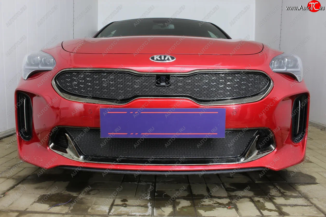 4 099 р. Защитная сетка в бампер (низ, ячейка 4х10 мм) Alfeco Премиум KIA Stinger (2017-2025) (Чёрная)  с доставкой в г. Омск