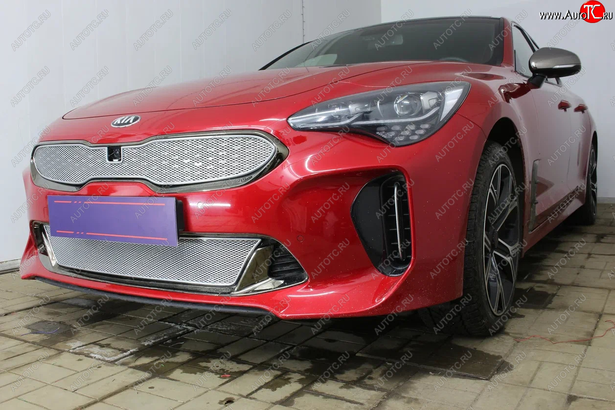 6 299 р. Защитная сетка в бампер (верх, ячейка 4х10 мм) Alfeco Премиум KIA Stinger (2017-2025) (Хром)  с доставкой в г. Омск