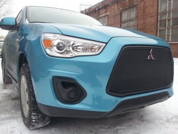 Защитная сетка в бампер (верх, ячейка 4х10 мм) Alfeco Премиум Mitsubishi ASX 1-ый рестайлинг (2013-2016)  (Чёрная)