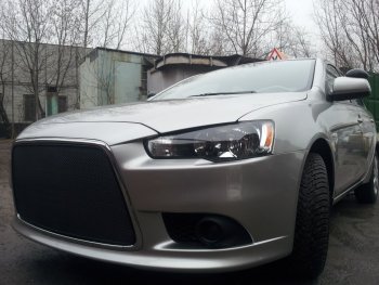 5 999 р. Защитная сетка в бампер (ячейка 3х7 мм) Alfeco Стандарт Mitsubishi Lancer 10 хэтчбек 5 дв рестайлинг (2011-2017) (Чёрная)  с доставкой в г. Омск. Увеличить фотографию 3