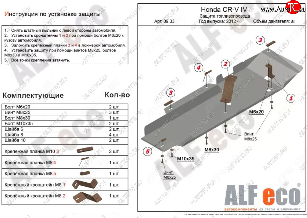 4 599 р. Защита топливопровода Alfeco  Honda CR-V  RM1,RM3,RM4 (2012-2018) дорестайлинг, рестайлинг (Сталь 2 мм)  с доставкой в г. Омск