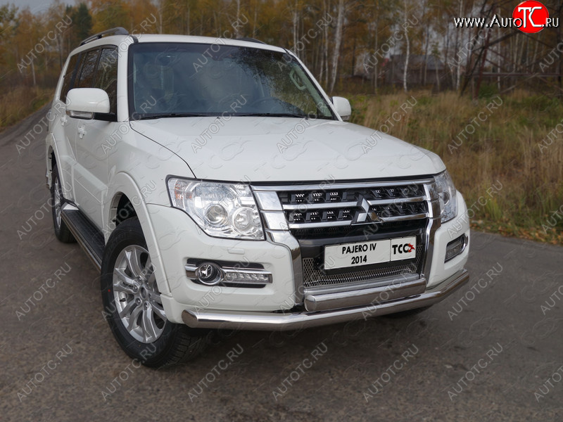 25 599 р. Защита передняя нижняя двойная 76,1*75 мм ТСС Тюнинг Mitsubishi Pajero 4 V90 2-ой рестайлинг (2014-2020) (нержавейка)  с доставкой в г. Омск