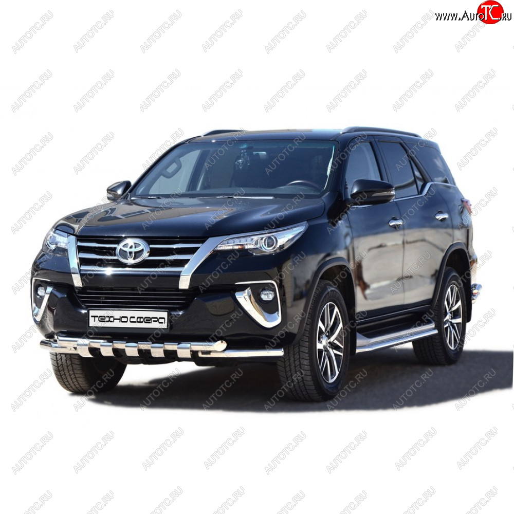 12 399 р. Защита переда труба двойная люкс крашенная d63.5, Техно Сфера  Toyota Fortuner ( AN50/AN60,  AN160) (2004-2024) дорестайлинг, 1-ый рестайлинг, 2-ой рестайлинг, дорестайлинг, рестайлинг (Черный матовый)  с доставкой в г. Омск