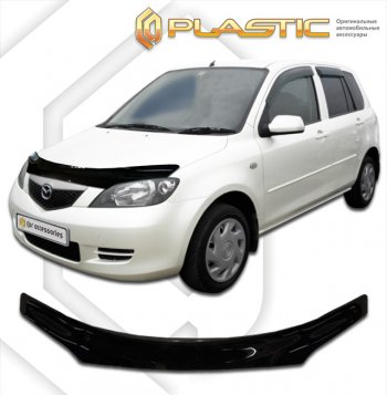 2 009 р. Дефлектор капота CA-Plastic Mazda 2/Demio DY дорестайлинг (2002-2005) (серия Classic черный, с надписью)  с доставкой в г. Омск. Увеличить фотографию 1