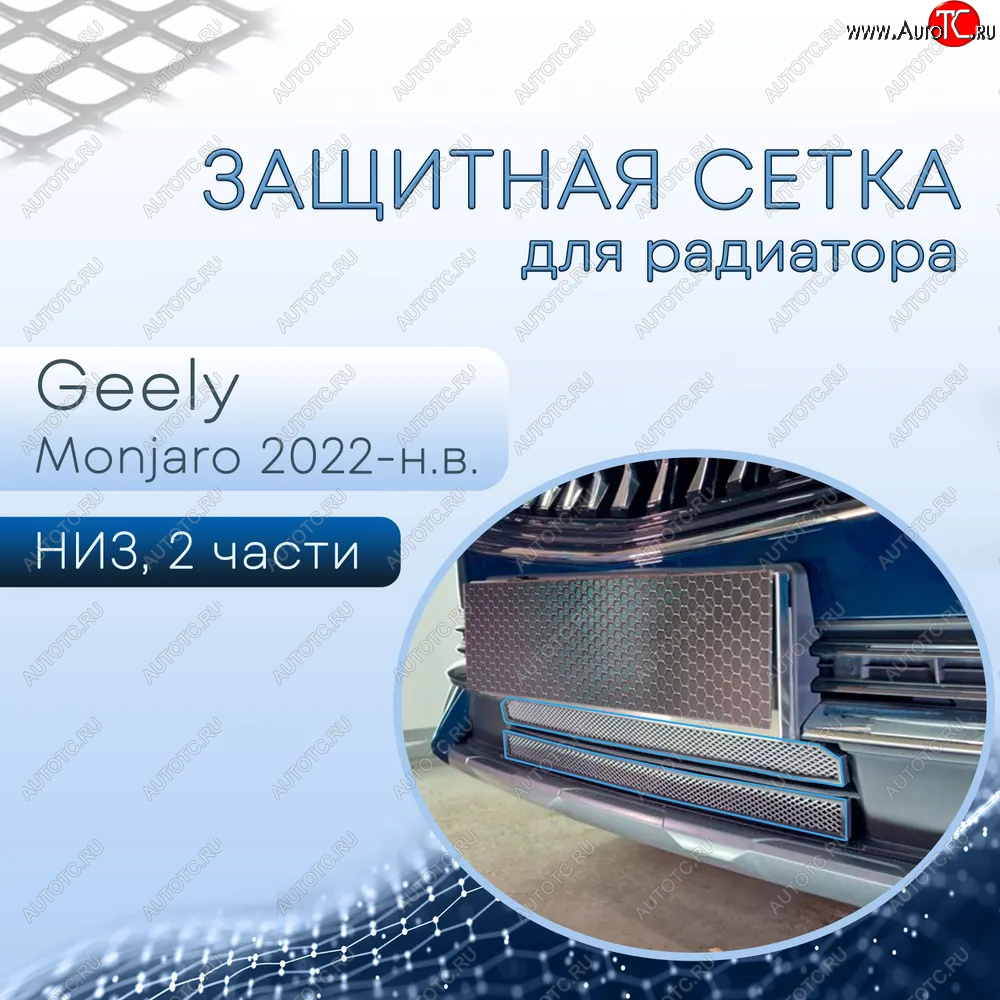 3 699 р. Защитная сетка в бампер (низ, 2 части, ячейка 3х7 мм) Alfeco Стандарт  Geely Monjaro (2022-2024) (Хром)  с доставкой в г. Омск