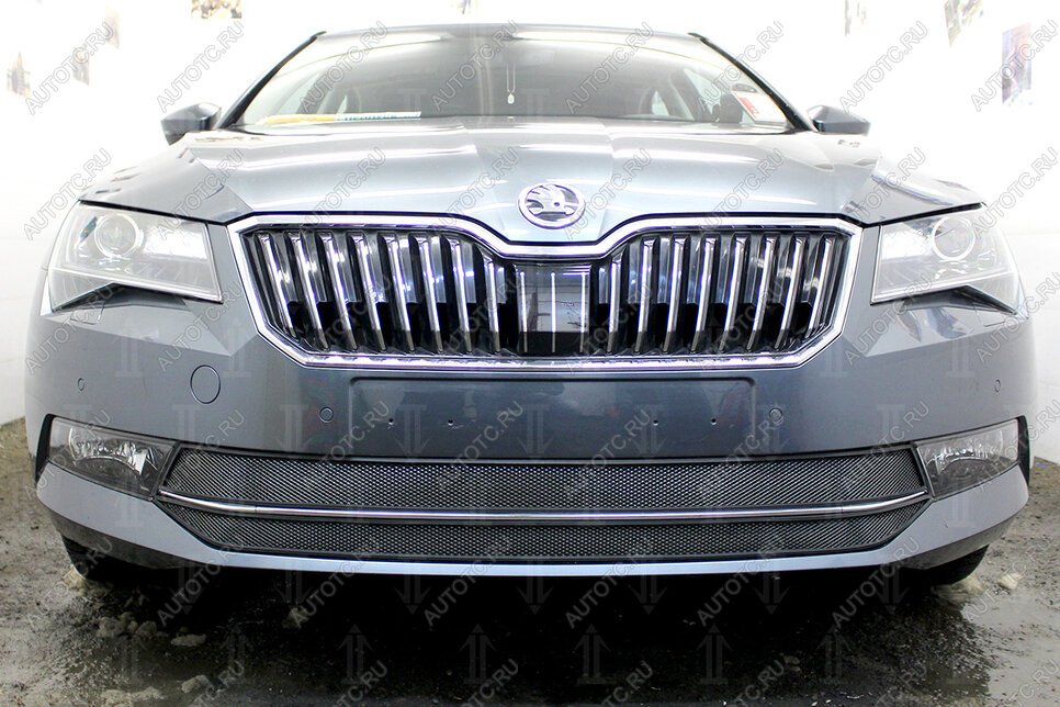 4 649 р. Защита радиатора (2 части) Стрелка11 Стандарт  Skoda Superb ( B8 (3V),  B8 (3V5)) (2015-2019) лифтбэк дорестайлинг, универсал дорестайлинг (черная)  с доставкой в г. Омск