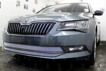 4 199 р. Защита радиатора (2 части) Стрелка11 Стандарт  Skoda Superb ( B8 (3V),  B8 (3V5)) (2015-2019) лифтбэк дорестайлинг, универсал дорестайлинг (хром)  с доставкой в г. Омск. Увеличить фотографию 1