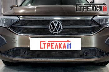 4 849 р. Защита радиатора (верх 4 части) (Origin, Respect, Status) Стрелка11 Стандарт  Volkswagen Polo  Mk6 (2020-2022) лифтбек (черная)  с доставкой в г. Омск. Увеличить фотографию 1