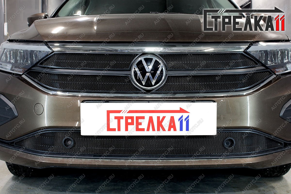 4 849 р. Защита радиатора (верх 4 части) (Origin, Respect, Status) Стрелка11 Стандарт  Volkswagen Polo  Mk6 (2020-2022) лифтбек (черная)  с доставкой в г. Омск