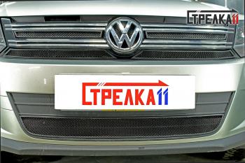 3 999 р. Защита радиатора (верх 4 части) Стрелка11 Стандарт  Volkswagen Tiguan  NF (2011-2017) рестайлинг (черная)  с доставкой в г. Омск. Увеличить фотографию 1