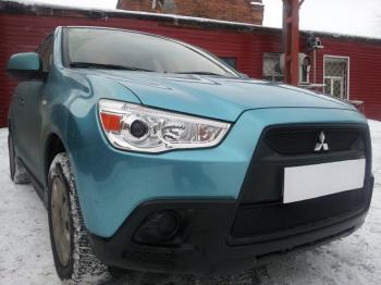 599 р. Зимняя заглушка решетки радиатора (верх, 2 части) Стрелка11 Mitsubishi ASX дорестайлинг (2010-2012) (черная)  с доставкой в г. Омск. Увеличить фотографию 2