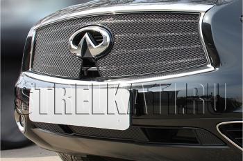 5 999 р. Защита радиатора (верх с вырезом под камеру) Стрелка11 Премиум INFINITI FX37 S51 рестайлинг (2011-2013) (черная)  с доставкой в г. Омск. Увеличить фотографию 1