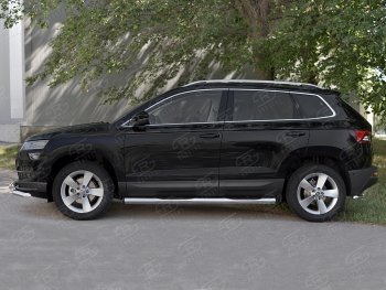 18 799 р. Защита порогов на Russtal труба d76 с накладкой  Skoda Karoq  NU7 (2017-2024) дорестайлинг, рестайлинг (защита порогов с заглушками на торцах)  с доставкой в г. Омск. Увеличить фотографию 3