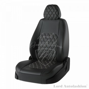 9 449 р. Чехлы для сидений Lord Autofashion Турин Ромб (экокожа, спинка 60/40+подлокотник, 3 Г-образных подголовника)  Skoda Rapid ( NH3,  NH1) (2012-2020), Volkswagen Polo  Mk6 (2020-2022) (Чёрный, вставка чёрная, строчка бежевая)  с доставкой в г. Омск. Увеличить фотографию 1