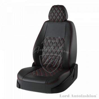 7 999 р. Чехлы для сидений Lord Autofashion Турин Ромб (экокожа, спинка 60/40+подлокотник, 3 Г-образных подголовника)  Skoda Rapid  NH3 (2012-2020), Volkswagen Polo  Mk6 (2020-2022) (Чёрный, вставка чёрная, строчка красная)  с доставкой в г. Омск. Увеличить фотографию 1