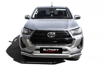 22 699 р. Защита переднего бампера Slitkoff (Ø 76+Ø 57, двойная).  Toyota Hilux  AN120 (2017-2020) 1-ый рестайлинг (Нержавеющая сталь)  с доставкой в г. Омск. Увеличить фотографию 2