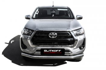 24 199 р. Защита переднего бампера Slitkoff (Ø 76 мм).  Toyota Hilux  AN120 (2017-2020) 1-ый рестайлинг (Нержавеющая сталь)  с доставкой в г. Омск. Увеличить фотографию 2