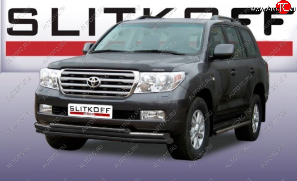 13 799 р. Защита переднего бампера Slitkoff (Ø 57+Ø 57+Ø 42, тройная).  Toyota Land Cruiser  200 (2007-2012) дорестайлинг (Сталь с полимерным покрытием. Цвет: черный)  с доставкой в г. Омск