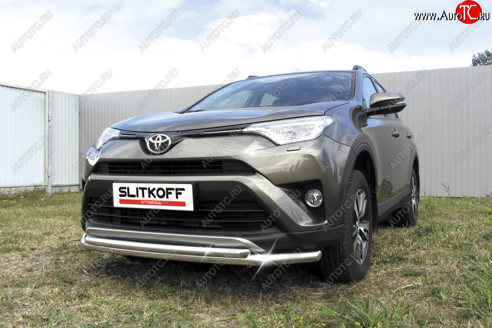 13 699 р. Защита переднего бампера Slitkoff (Ø57 и 42 мм)  Toyota RAV4  XA40 (2015-2019) 5 дв. рестайлинг (Нержавейка полированная)  с доставкой в г. Омск