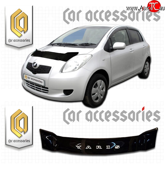 2 159 р. Дефлектор капота CA-Plastic  Toyota Yaris  XP90 (2005-2010) дорестайлинг, хэтчбэк 3 дв., дорестайлинг, хэтчбэк 5 дв., рестайлинг, хэтчбэк 3 дв., рестайлинг, хэтчбэк 5 дв. (Classic черный, Без надписи)  с доставкой в г. Омск