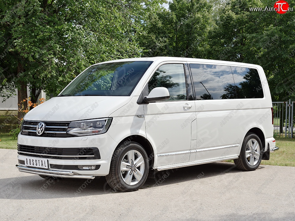 15 649 р. Защита переднего бампера (2 трубыØ42 мм, нержавейка) Russtal Volkswagen Transporter T6 дорестайлинг (2015-2019)  с доставкой в г. Омск