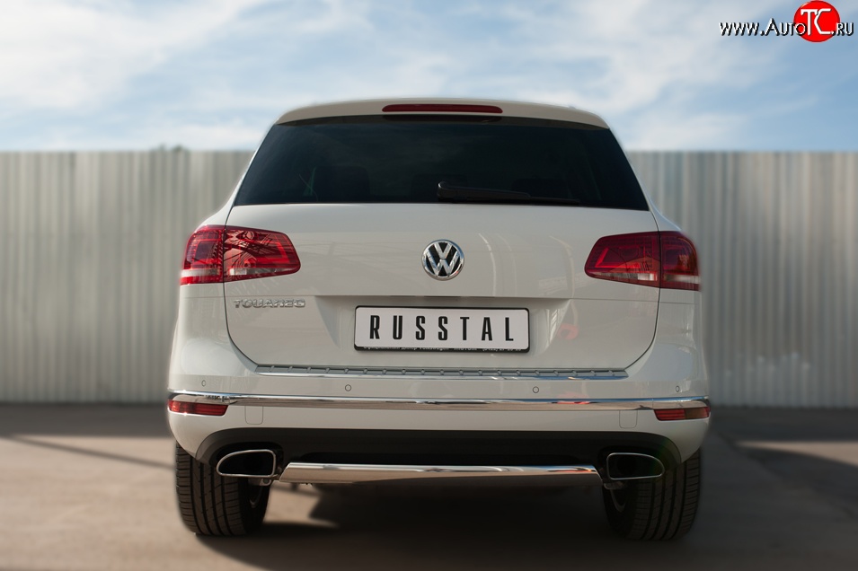 15 649 р. Защита заднего бампера (Ø75x42 мм, нержавейка) Russtal Volkswagen Touareg NF рестайлинг (2014-2018)  с доставкой в г. Омск