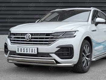 Защита переднего бампера (2 трубы Ø63 и 75х42 мм, нержавейка) Russtal Volkswagen Touareg CR (2018-2024)