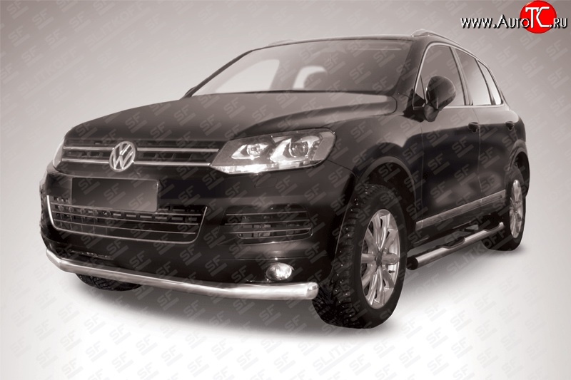 15 299 р. Одинарная защита переднего бампера диаметром 76 мм Slitkoff  Volkswagen Touareg  NF (2010-2014) дорестайлинг (Цвет: нержавеющая полированная сталь)  с доставкой в г. Омск